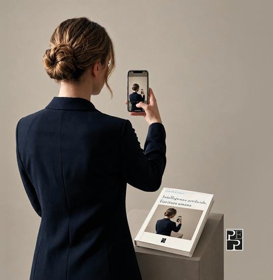Una donna di spalle, in giacca scura, fotografa con il telefono un libro posato su un piedistallo